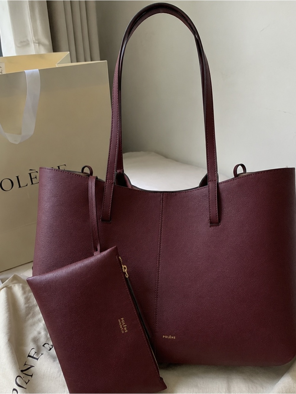 Polène Burgundy Leather Tote with Detachable Pouch